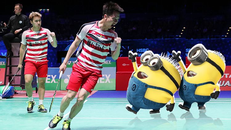 Kevin Sanjaya/Marcus Gideon dan Minions. Copyright: © INDOSPORT