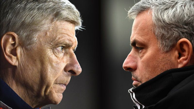 Pelatih Arsenal, Arsene Wenger dan Jose Mourinho, pelatih Man United. Copyright: Â© INDOSPORT