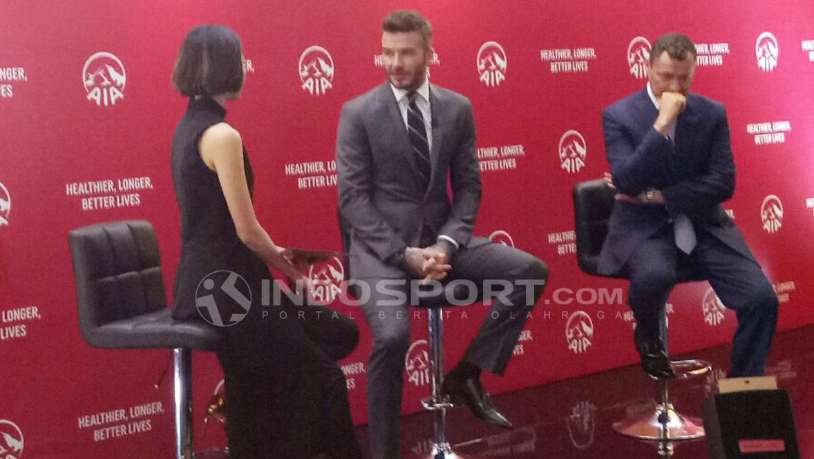 David Beckham temui awak media di Hotel Raffles, Jakarta dalam kampanye AIA What's Your Why pada Senin(26/03/18) ini. Copyright: © Annisa Hardjanti/INDOSPORT.COM