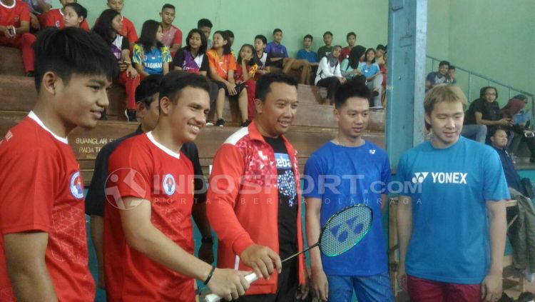 (kiri-kanan) Witan Sulaiman, Egy Maulana Vikri, Imam Nahrawi, dan Kevin Sanjaya/Marcus Gideon. Copyright: © Zainal Hasan/INDOSPORT