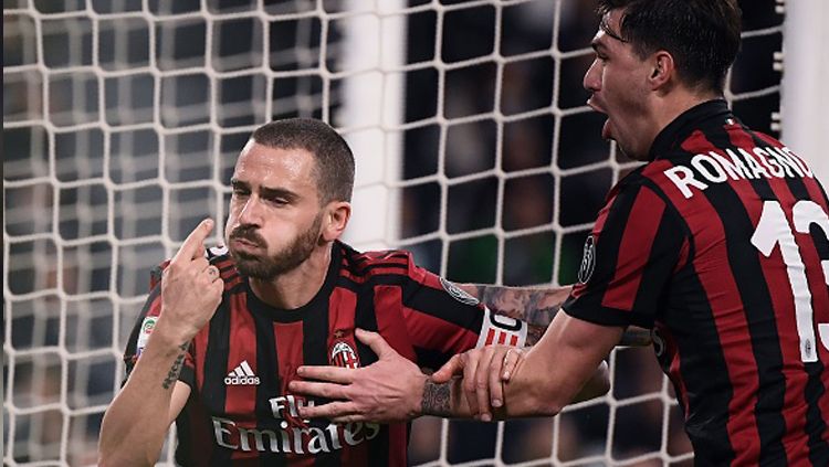 Leonardo Bonucci saat melakukan selebrasi usai mencetak gol untuk Milan ke gawang Juventus. Copyright: © Getty Images