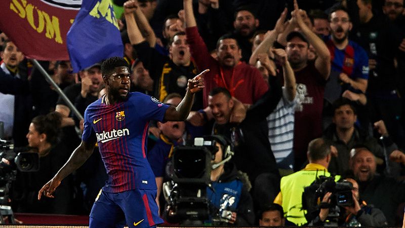 Selebrasi Samuel Umtiti atas kontribusi gol bunuh diri Kostas Manolas. Copyright: © Getty Images