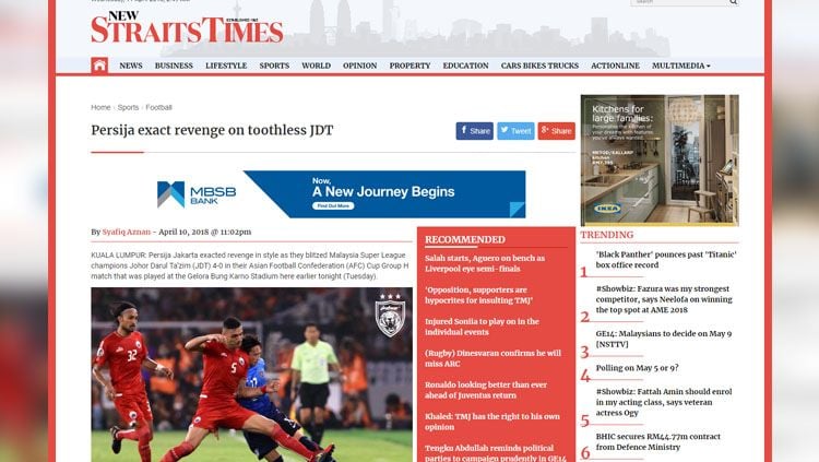 Media Singapura menyebut JDT ompong saat melawan Persija Jakarta. Copyright: © News Straits Times