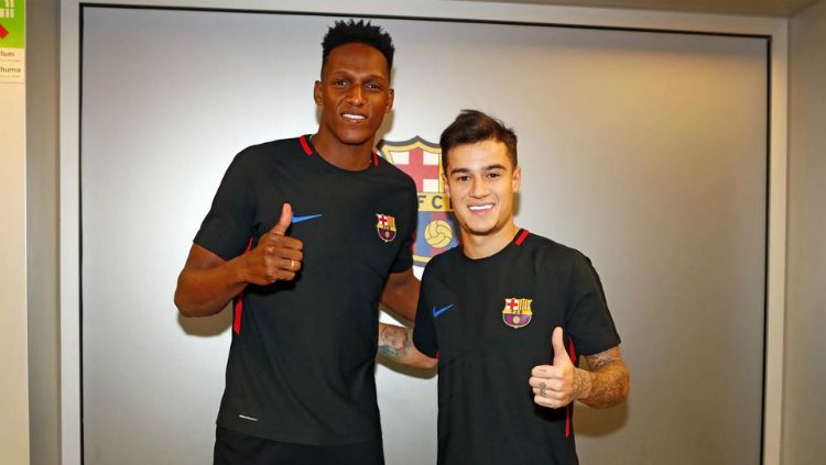 Dua pemain baru Barcelona, Mina dan Coutinho. Copyright: © fcbarcelona.com