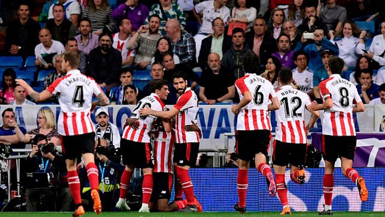 Selebrasi para pemain Athletic Bilbao setelah unggul lebih dulu atas Real Madrid. Copyright: © Getty Images