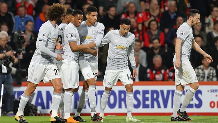Pemain Manchester United usai merayakan gol. Copyright: © Getty Images