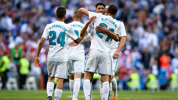Para pemain Real Madrid merayakan gol yang dicetak Borja Mayoral ke gawang Leganes. Copyright: © Getty Image