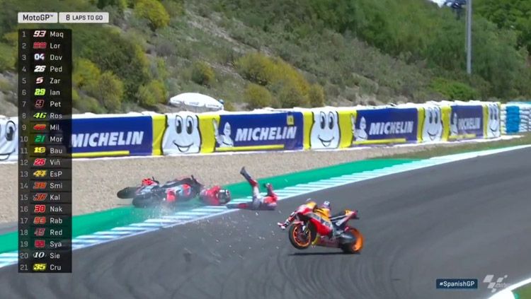 Dani Pedrosa, Andrea Dovizioso dan Jorge Lorenzo mengalami kecelakaan. Copyright: © MotoGP