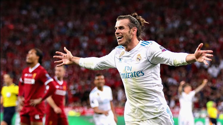 Selebrasi gol Gareth Bale di final Liga Champions 2017/18 antara Real Madrid vs Liverpool. Copyright: © Getty Images