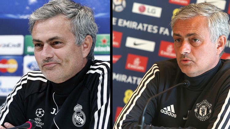 Jose Mourinho saat masih melatih di Real Madrid (kiri) dan kini melatih Man United. Copyright: © Getty Images