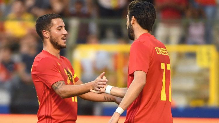 Eden Hazard merayakan gol bersama Yannick Carrasco, saat menghadapi Mesir, Kamis (07/06/18) dini hari WIB. Copyright: © Getty Images