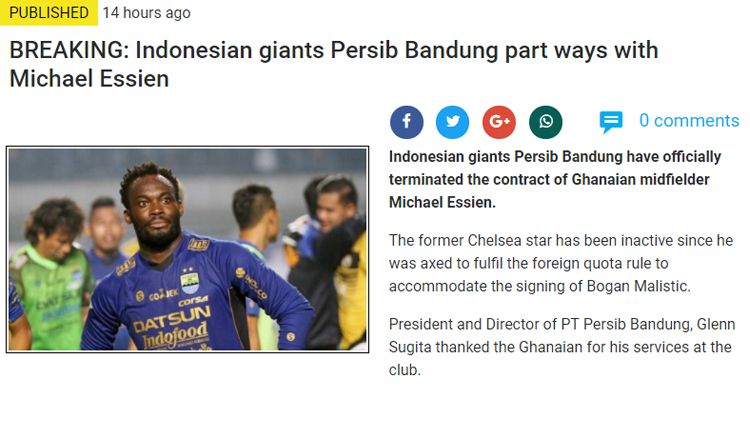 Michael Essien dibertakan media asing. Copyright: © ghanaguardian.com