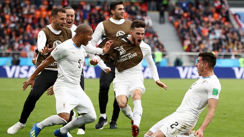 Jose Gimenez merayakan golnya ke gawang Mesir di Piala Dunia 2018. Copyright: © Getty Images