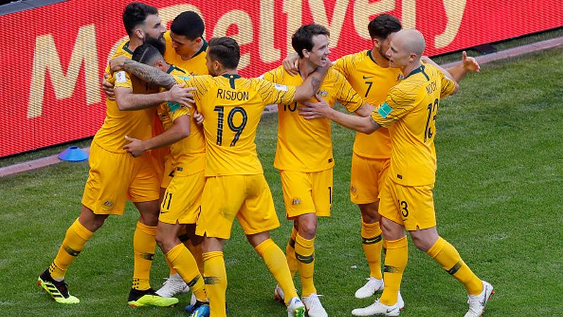 Selebrasi pemain Australia pasca mencetak gol ke gawang Prancis di Piala Dunia 2018 kemarin. Copyright: © Getty Images