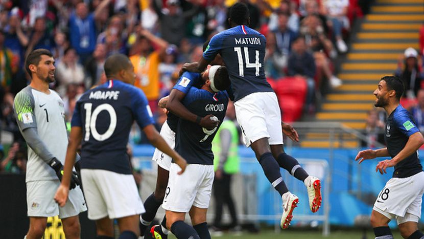 Selebrasi pemain Prancis pasca mencetak gol ke gawang Australia di Piala Dunia 2018. Copyright: © Getty Images