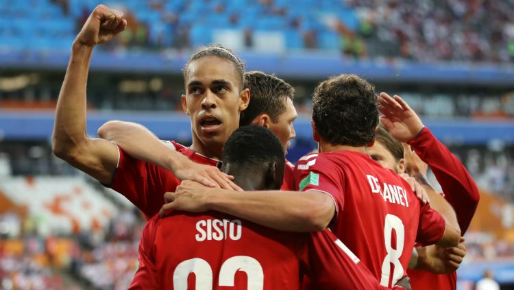 Yussuf Yurary Poulsen merayakan golnya untuk Denmark ke gawang Peru dalam laga Grup C Piala Dunia 2018 di Stadion Mordovia, Sabtu (16/06/18). Copyright: © Getty Images