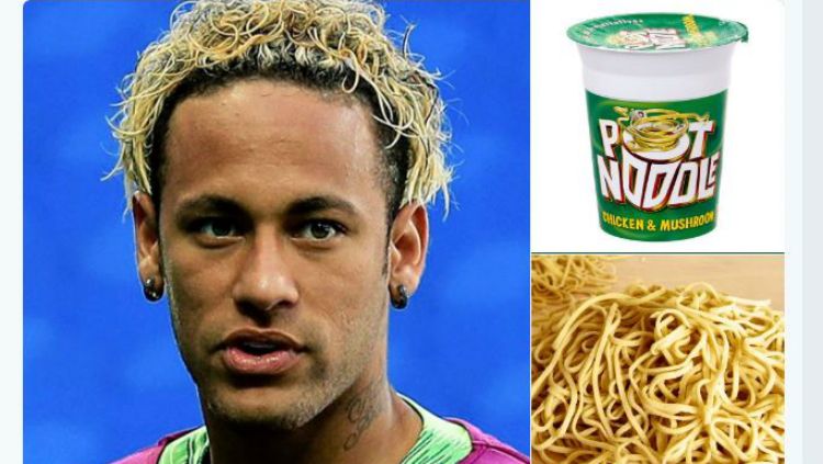 Rambut baru Neymar disamakan dengan mie. Copyright: © Twitter/Sporf