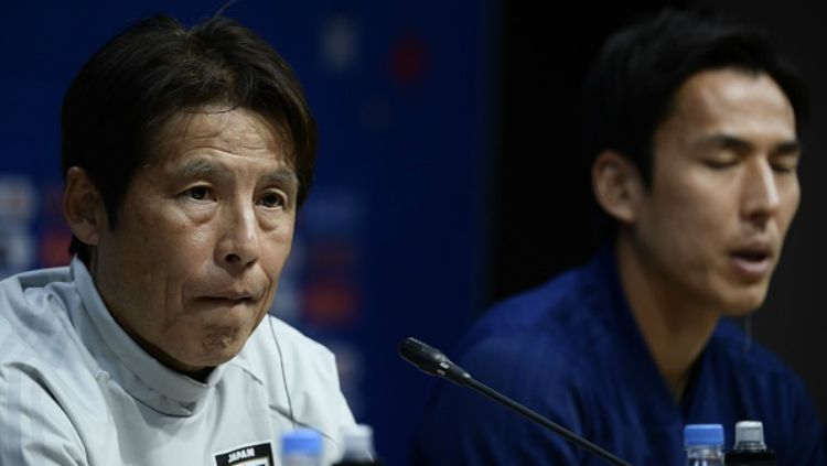 Akira Nishino, pelatih Timnas Jepang dalam konferensi pers pra laga Jepang vs Kolombia di Piala Dunia 2018. Copyright: © Getty Images