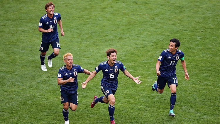 Selebrasi gol para pemain Jepang dalam laga Kolombia vs Jepang Piala Dunia 2018. Copyright: © Getty Images