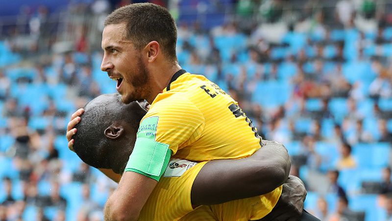 Selebrasi Romelu Lukaku dan Eden Hazard atas golnya ke Tunisia. Copyright: © Getty Images