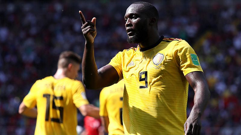 Romelu Lukaku merayakan golnya ke gawang Tunisia di Piala Dunia 2018. Copyright: © Getty Images