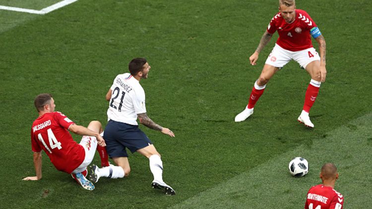 Situasi laga Denmark vs Prancis di Piala Dunia 2018. Copyright: © Getty Images