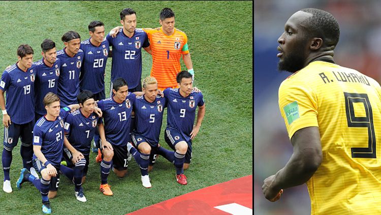 Timnas Jepang dan Romelu Lukaku, striker Timnas Belgia. Copyright: © Getty Images