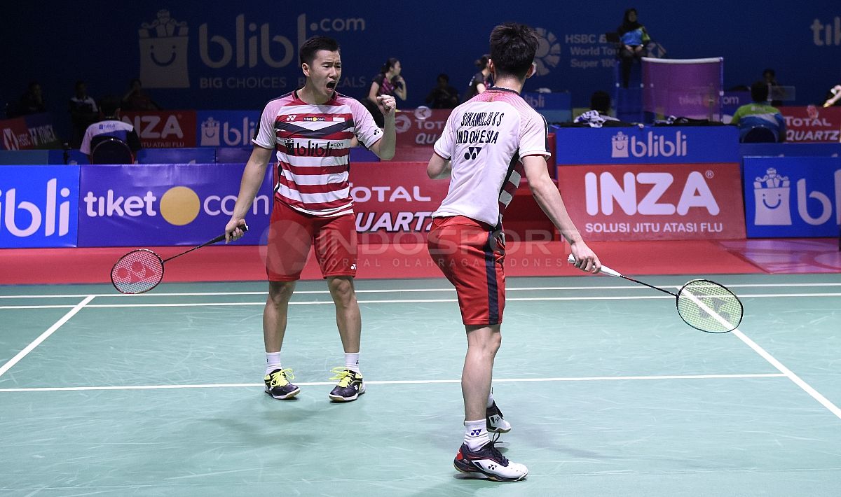 Ekspresi kegembiraan Kevin Sanjaya/Marcus Fernaldi saat mencetak poin pada babak perempat final Blibli Indonesia Open 2018 di Istora Senayan, Jumat (06/07/18). Copyright: © Herry Ibrahim/INDOSPORT