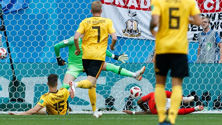 Momen gol Belgia diciptakan oleh Thomas Meunier. Copyright: © Getty Images