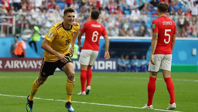 Thomas Meunier menjadi pencetak gol pembuka bagi Belgia di laga perebutan juara ketiga Piala Dunia 2018 melawan Inggris. Copyright: © Getty Images