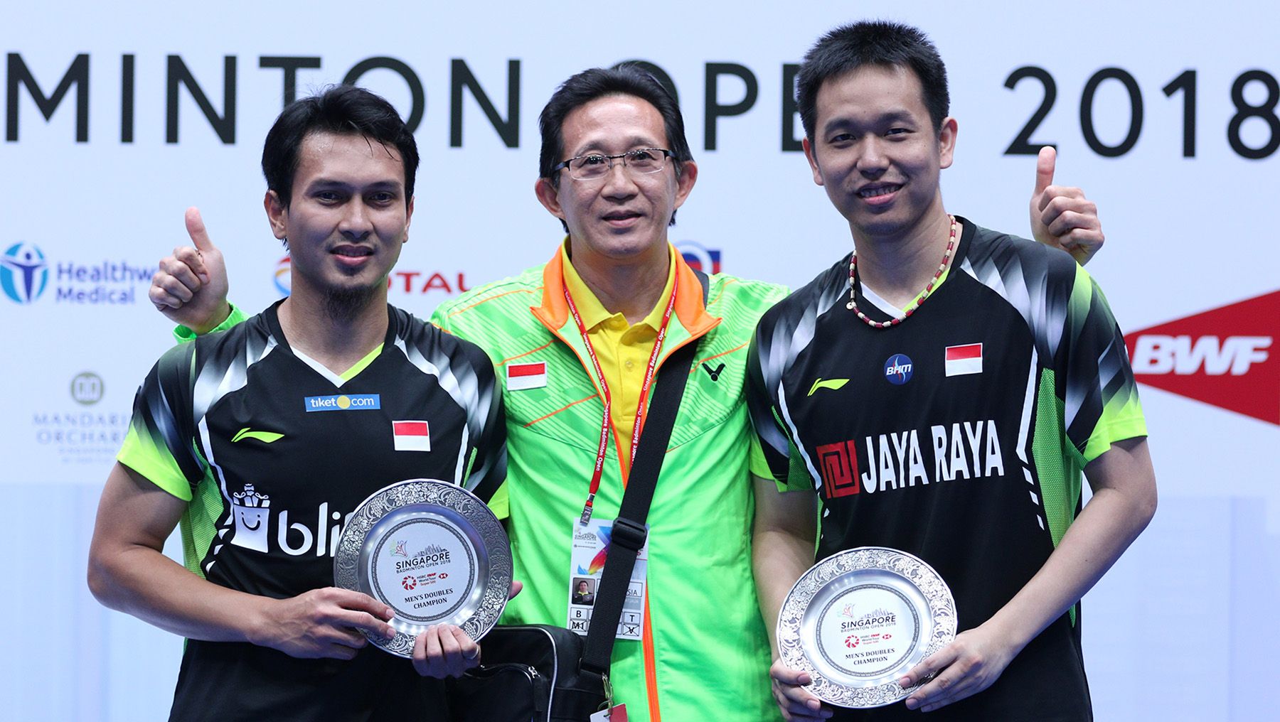 Mohammad Ahsan dan Hendra Setiawan di kejuaraan Singapore Open 2018. Copyright: © Humas PBSI