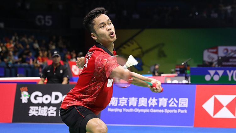 Anthony Sinisuka Ginting saat tampil di ajang World Championships 2018. Copyright: © Badminton Indonesia
