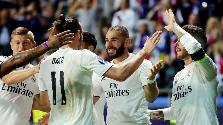 Penggawa Real Madrid merayakan gol ke gawang Atletico dalam laga Piala Super Eropa 2018. Copyright: © Getty Images