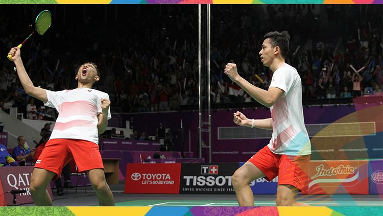 Fajar Alfian/Rian Ardianto memastikan ke final bulutangkis nomor beregu putra Asian Games 2018. Copyright: © Humas PBSI