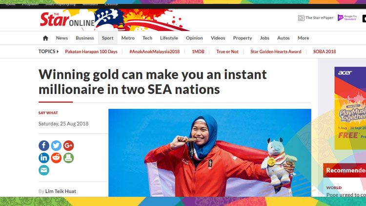 Pemberitaan Media Malaysia soal Bonus Atlet Indonesia Perah Emas Asian Games 2018 Copyright: © The Star