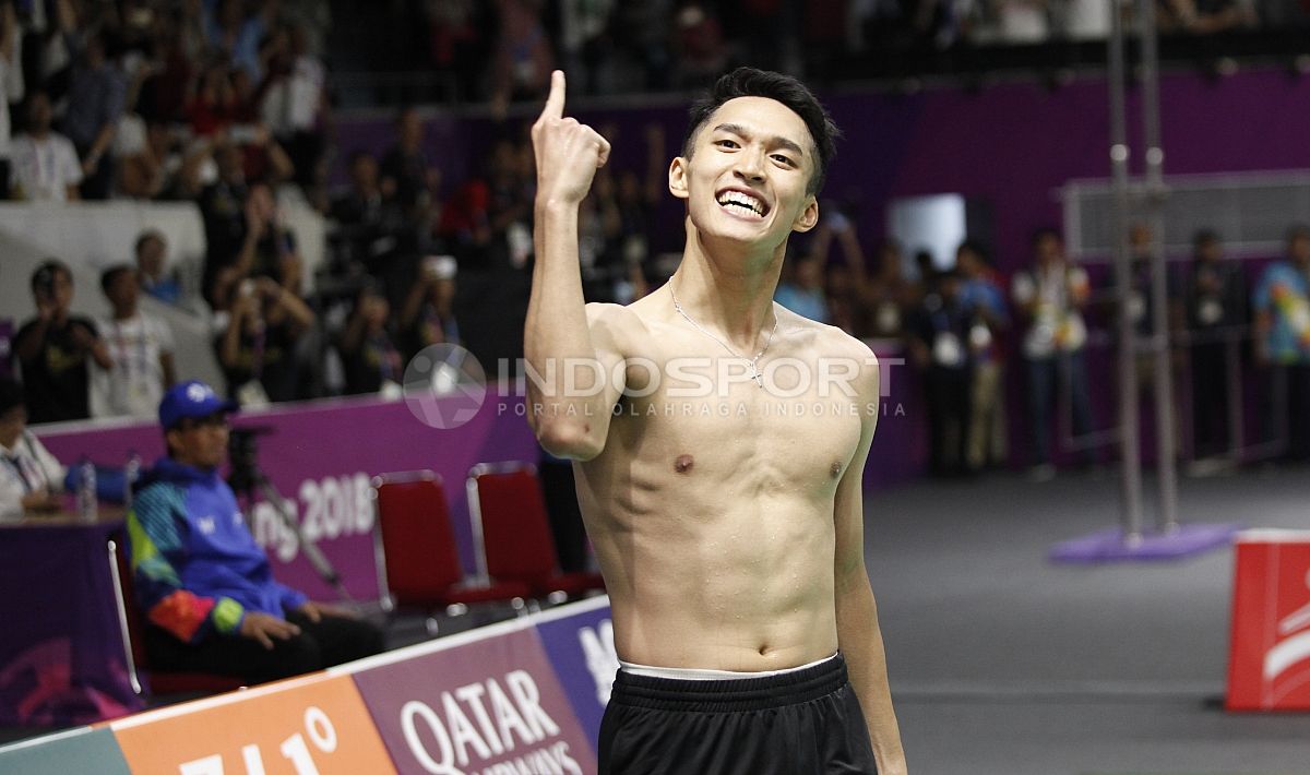 Jonatan Christie saat meraih medali emas di Asian Games 2018. Foto: Herry Ibrahim/INDOSPORT. Copyright: © Herry Ibrahim/INDOSPORT