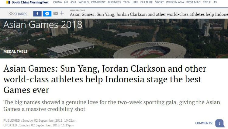 Media besar asal China, yaitu South China Morning Post memuji Asian Games 2018. Copyright: © scmp.com