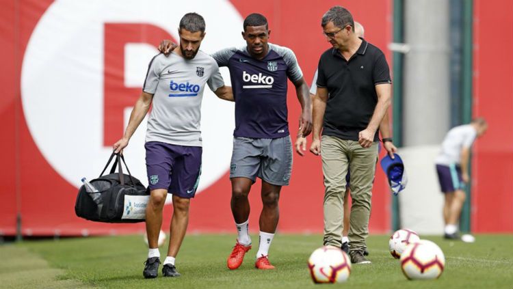 Malcom mengalami cedera pada sesi latihan Barcelona (03/09/18). Copyright: &copy; Diario Sport