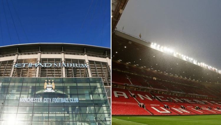 Stadion Etihad milik Manchester City (kirii) dan Stadion Old Trafford milik Manchester United (kanan) Copyright: © Manchester Evening News