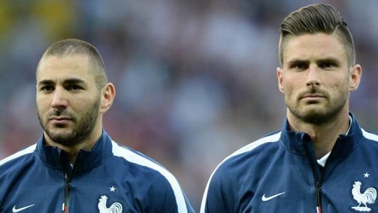 Dua striker Prancis, Karim Benzema dan Olivier Giroud. Copyright: © footmercato
