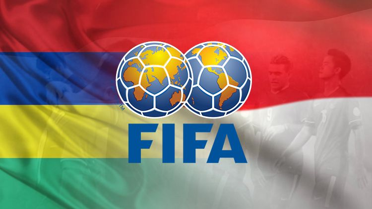 Logo FIFA dengan bendera Mauritius dan Indonesia di belakangnya. Copyright: © INDOSPORT