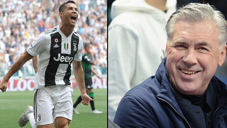 Pemain megabintang Juventus, Cristiano Ronaldo dan Carlo Ancelotti, pelatih Napoli. Copyright: © Getty Images