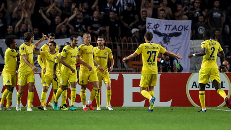 Para pemain Chelsea merayakan kemenangan yang diraih atas PAOK. Copyright: © Getty Images