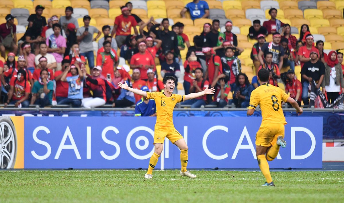 Adam Leombruno (16) saat melakukan selebrasi. Copyright: © 2018 Asian Football Confederation (AFC)