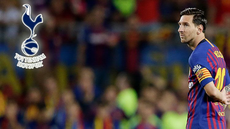 Lionel Messi, pemain megabintang Barcelona (insert: Logo Tottenham Hotspur). Copyright: © INDOSPORT