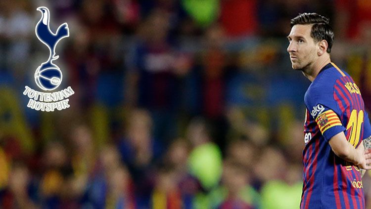 Lionel Messi, pemain megabintang Barcelona (insert: Logo Tottenham Hotspur). Copyright: © INDOSPORT
