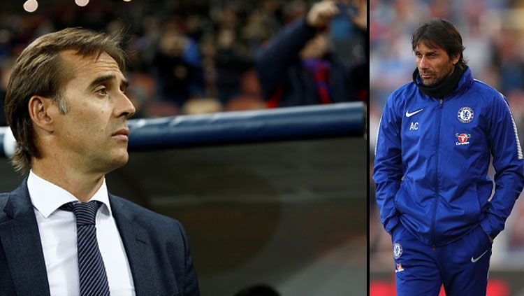 Pelatih Real Madrid, Julen Lopetegui (kiri) dan Antonio Conte, mantan pelatih Chelsea. Copyright: © Getty Images