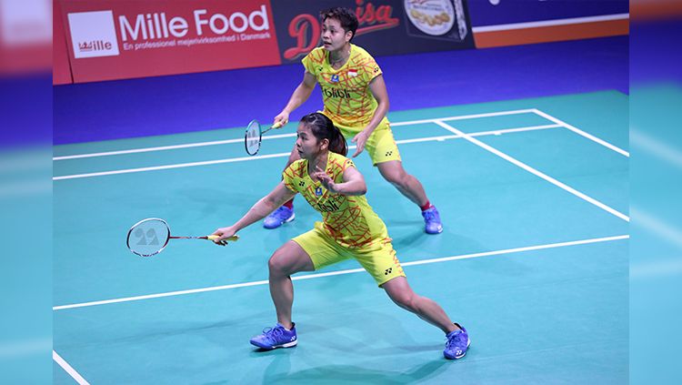 Pasangan ganda putri Indonesia, Greysia Polii/Apriyani Rahayu saat tampil di babak kedua Danisa Denmark Open 2018. Copyright: © Humas PBSI