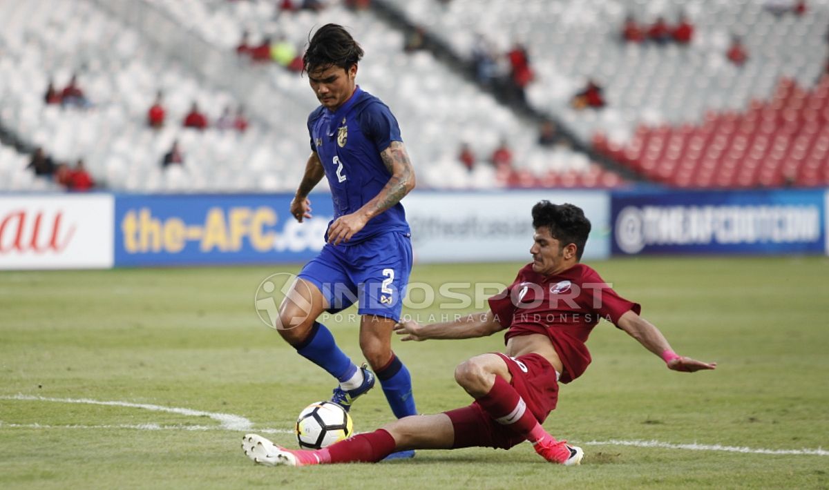 Pemain Qatar U-19 berusaha menggagalkan aksi pemain Thailand. Copyright: © Herry Ibrahim/INDOSPORT