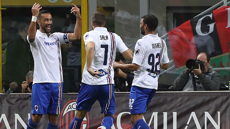 Fabio Quagliarella berselebrasi usai mencetak gol ke gawang AC Milan. Copyright: © Getty Images/Marco Luzzani